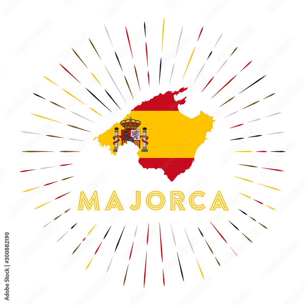 Majorca sunburst badge. The island sign with map of Majorca with ...