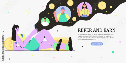 Refer a friend or refer and earn vector flat illustration with a woman lying and holding a phone with his friends accounts. Referral marketing strategy banner, landing page, ui, poster, banner, flyer.