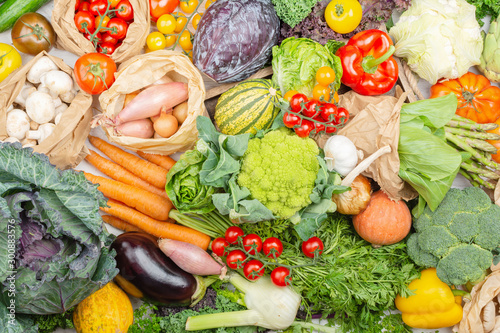 Zero waste plastic free shopping concept. Assortment of colorful vegetables  cabbage tomatoes onions mushrooms squash peppers garlic. Healthy background  top view  selective focus