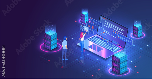 Web hosting or programming concept. Web programming development, laptop with UI UX interface. Computer web data center server isometric landing vector page. Vector illustration photo