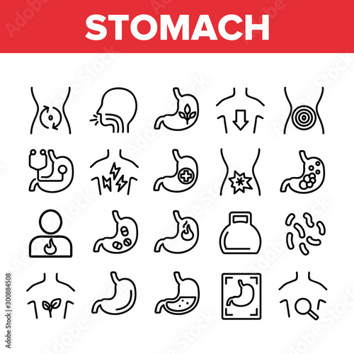 Stomach Organ Collection Elements Icons Set Vector Thin Line. Stomach Healthy And Disease, With Drugs And Flame, Stomachache And Acid Concept Linear Pictograms. Monochrome Contour Illustrations