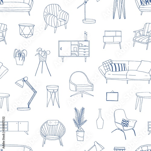 Home furniture hand drawn vector seamless pattern. Modern house furnishing accessories decorative background. Vintage armchair and table lamp linear illustrations. Stylish wrapping paper design.