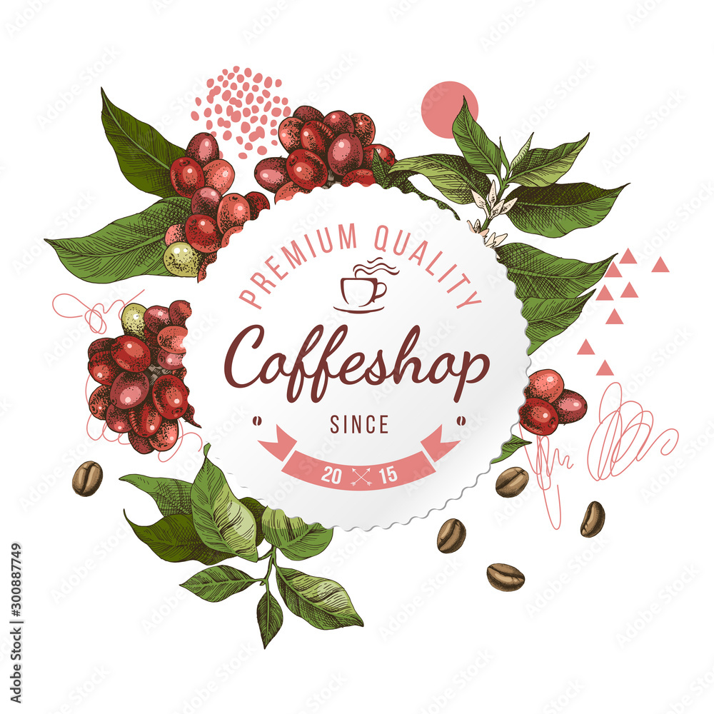 Coffeshop round paper emblem over hand sketched background with coffee plant and beans
