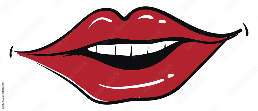 Red lips smiling, illustration, vector on white background. - obrazy, fototapety, plakaty 