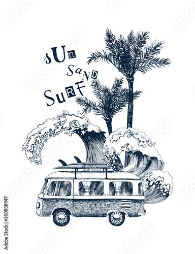 Summer time background with retro bus, palms and sea waves