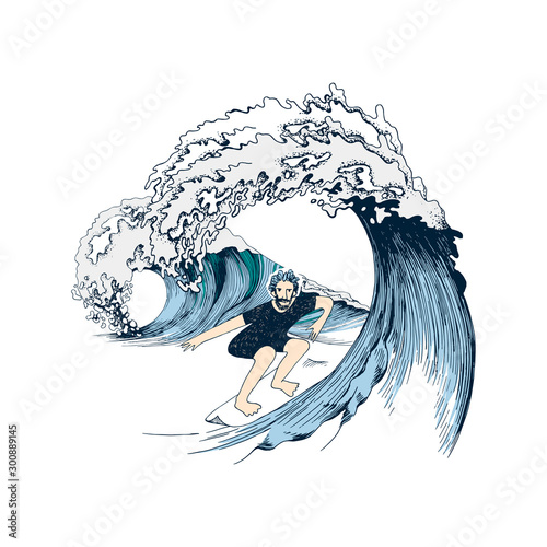 Hand drawn illustration with surfer on the wave