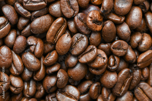 Close up view of delicious fresh textured coffee grains