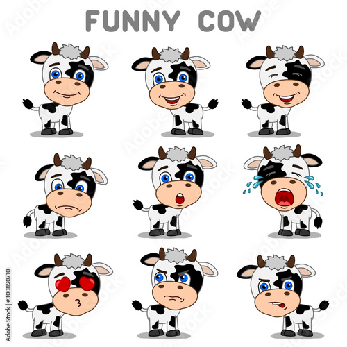 Set of expression of emotions of funny little cow in different poses isolated on white background