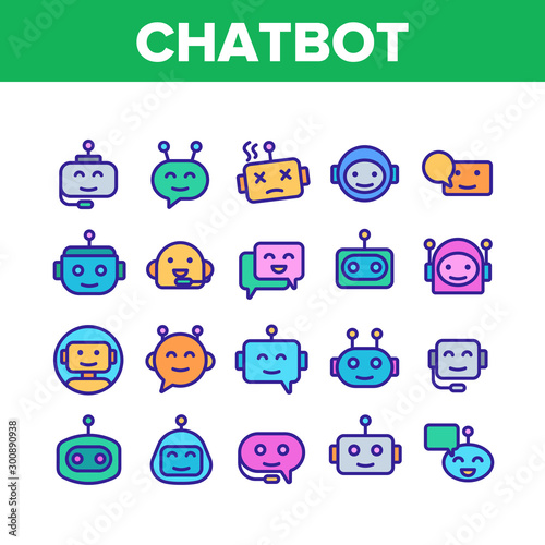 Chatbot Robot Collection Elements Icons Set Vector Thin Line. Artificial Intelligence Chatbot. Communication Message Technology Concept Linear Pictograms. Color Contour Illustrations