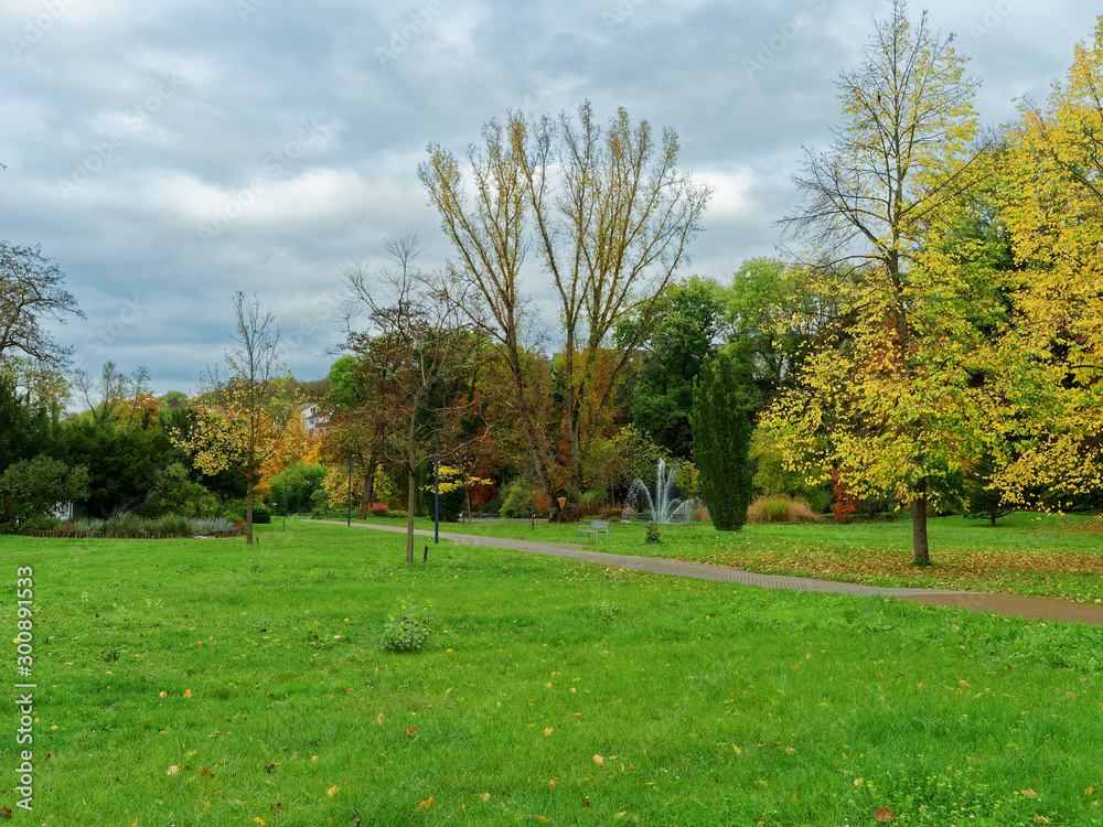 Herbstlandschaft im Margräflerland Südschwarzwald. Bad Bellingen. Wundervolle Parkatmosphäre zu genießen in Botanischer Garten und Kurpark