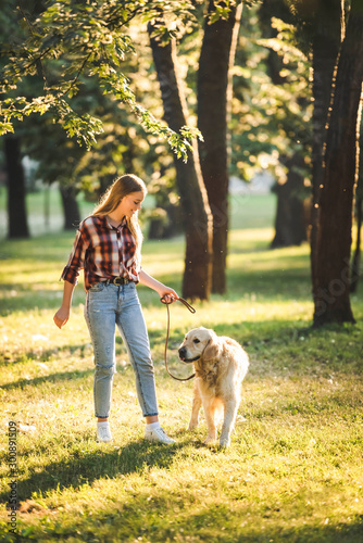 full length view of girl in casual clothes walking with golden retriever on meadow