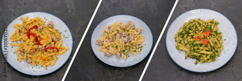 Collage, delicious pasta with spinach, red fish, tomato sauce, meat and cheese