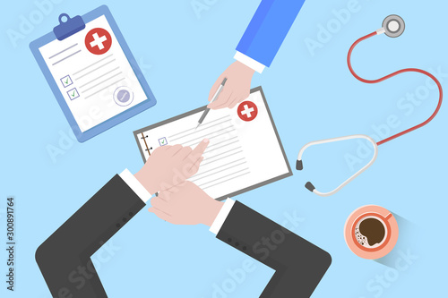 Medical Workplace. Doctor working at the table in clinic. Flat Design, Vector Illustration