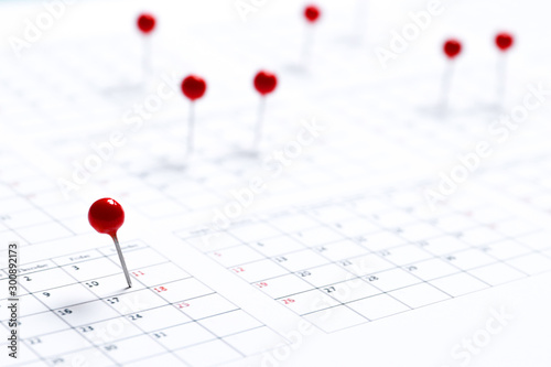 Close up of red pin on calendar at home office, date planning for business meeting or appointment, deadline or holiday concept