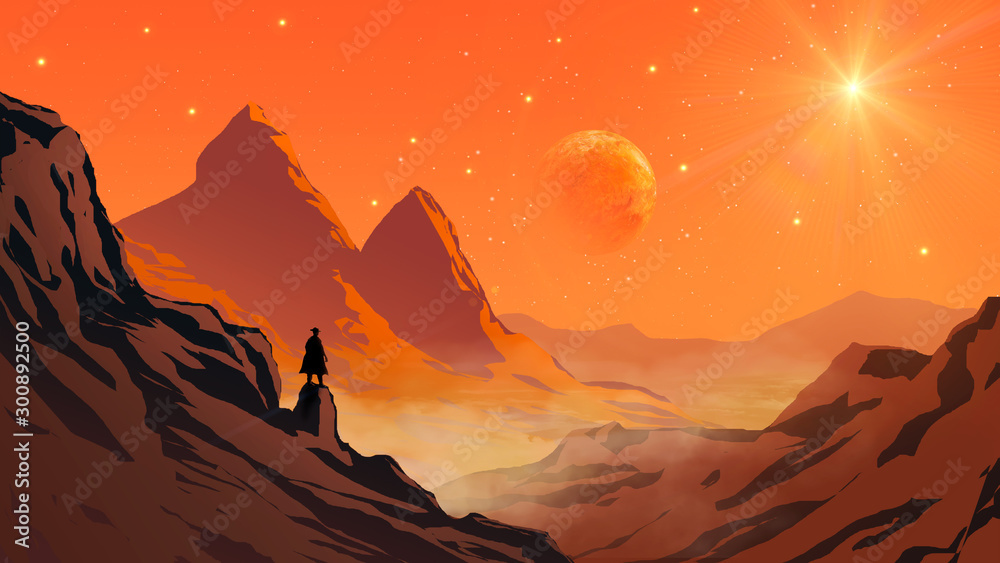 Cowboy silhouette standing on mountain rock valley landscape with planet and star on sky. Elements furnished to NASA - obrazy, fototapety, plakaty 