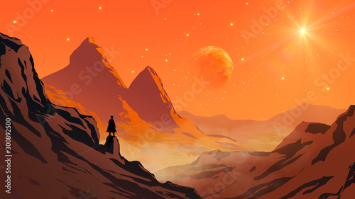 Cowboy silhouette standing on mountain rock valley landscape with planet and ...