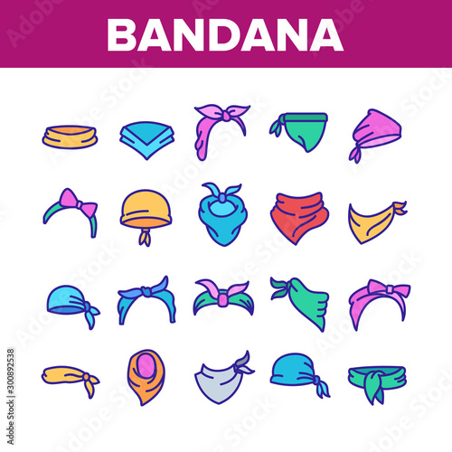 Bandana Hats Collection Elements Icons Set Vector Thin Line. Bandana Windy Hair Dressing, Headband For Woman Hairstyle, Cowboy Face Mask Concept Linear Pictograms. Color Contour Illustrations