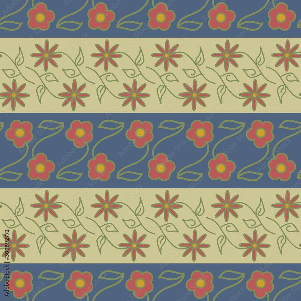 Vector Red Flowers with Green Leaf Leaves on Blue and Green Stripes Background Seamless Repeat Pattern. Background for textiles, cards, manufacturing, wallpapers, print, gift wrap and scrapbooking.