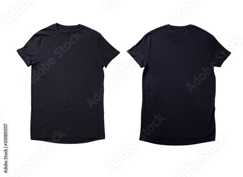 Mockup of blank black tshirt front and rear isolated. on white background. Shirt design for man. Flat lay, top view.