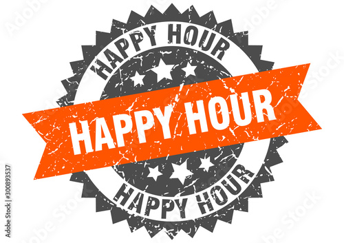 happy hour grunge stamp with orange band. happy hour