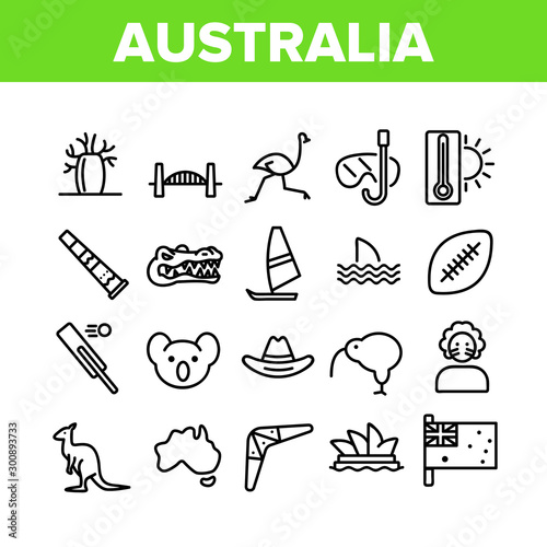 Australia Country Nation Cultural Icons Set Vector Thin Line. Crocodile And Kangaroo, Koala And Parrot, Shark Fin And Flag Of Australia Concept Linear Pictograms. Monochrome Contour Illustrations photo