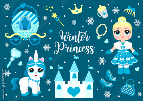 Cute little winter princess and her pet pony collection. Set of vector elements with a cold queen and her accessories, castle and snow. vector illustration