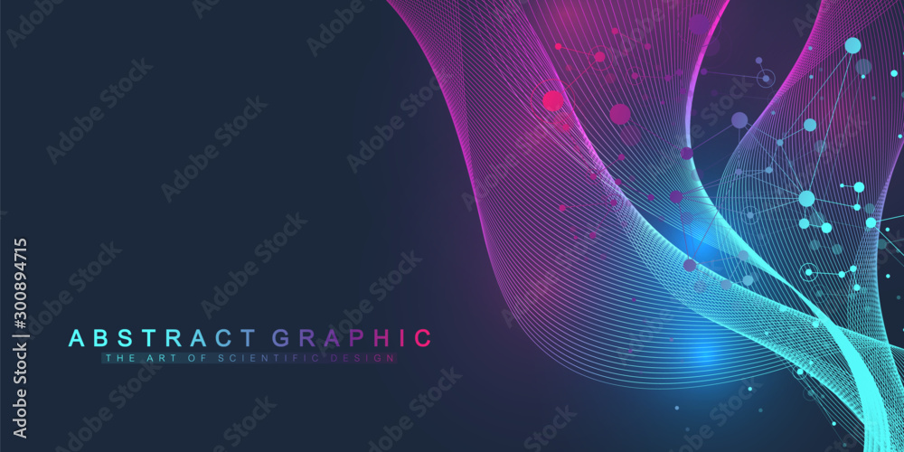 Scientific vector illustration genetic engineering and gene manipulation concept. DNA helix, DNA strand, molecule or atom, neurons. Abstract structure for Science or medical background. Wave flow - obrazy, fototapety, plakaty 