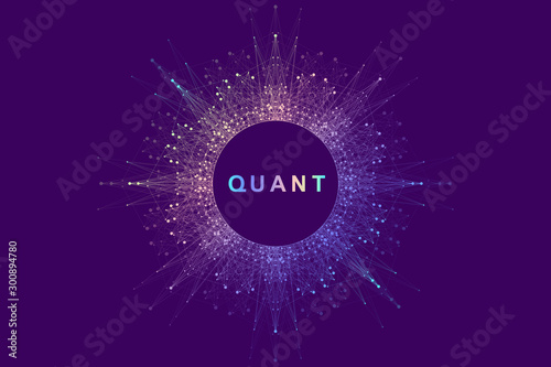 Circular quantum computer technology concept. Sphere explosion background. Deep learning artificial intelligence. Big data algorithms visualization. Waves flow. Quantum explosion, vector illustration