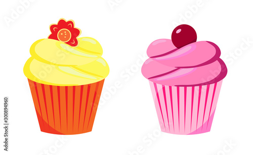 Two cupcakes with yellow lemon and pink berry filling. On top of the cupcakes are a cherry and a flower. Vector illustration