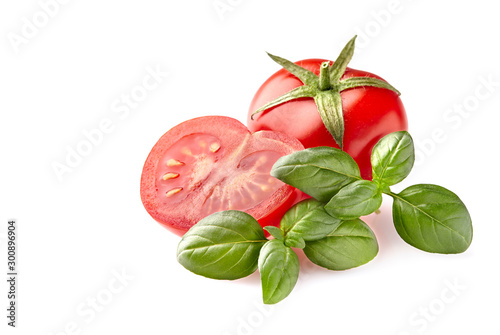 Fresh tomato and basil leaf isolated on white
