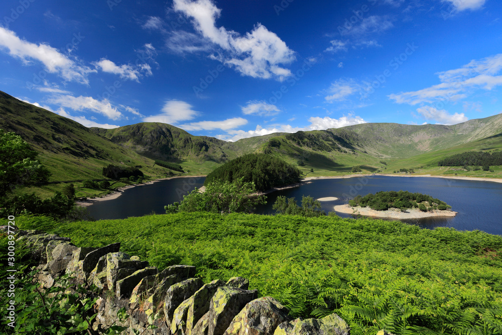 Summer view over Haweswater reservoir, Lake District National Park, Cumbria, England, UK