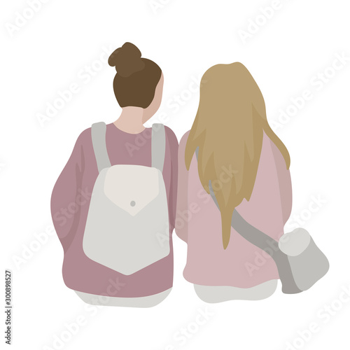 Two girls talk, sit next. Student girlfriends. Vector illustration