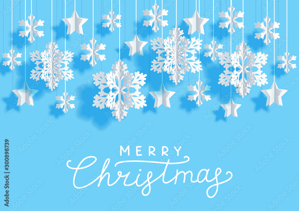 Christmas horizontal greeting card with paper snowflakes and stars on blue background for Your holiday design Christmas horizontal greeting card with paper snowflakes and stars on blue background for Your holiday design
