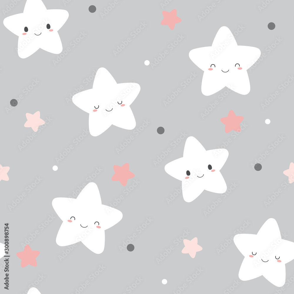 Seamless cute smiley white stars pattern on pastel grey background. Seamless cute smiley white stars pattern on pastel grey background.