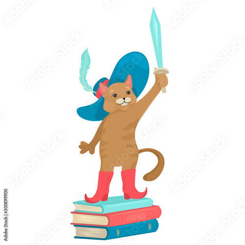 Cat in a hat and shoes. Stands on the books and holds the sword. Fairy-tale character.