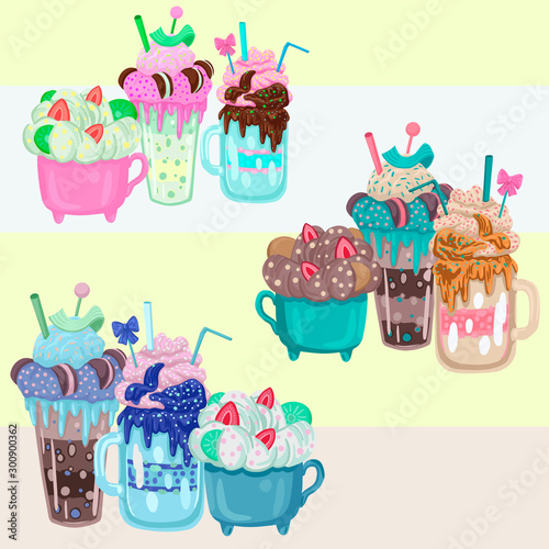 Three different milkshakes. Vector objects on a white background