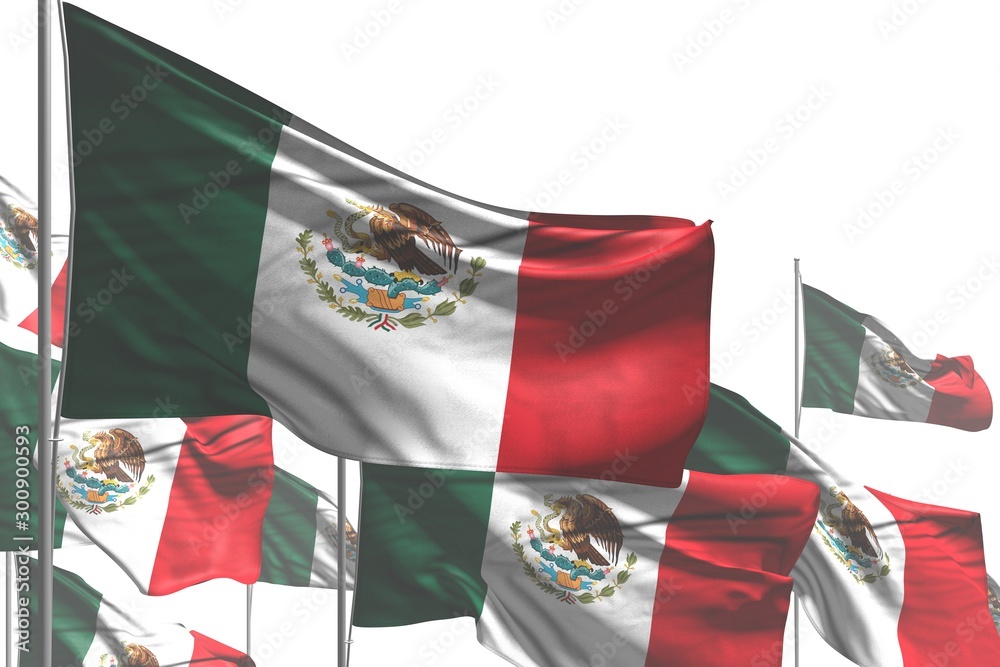 beautiful many Mexico flags are waving isolated on white - any celebration flag 3d illustration..