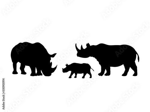 Rhino family. Rhinoceros silhouettes of animals