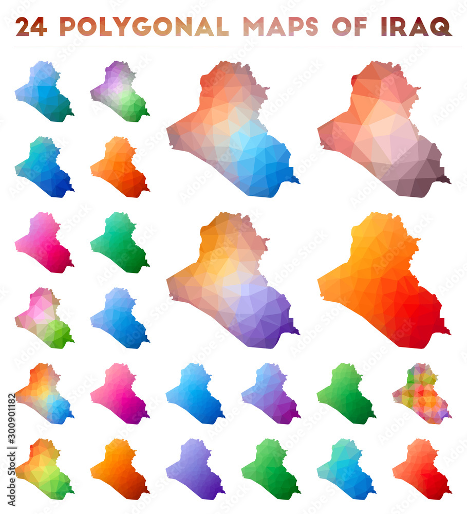 Set of vector polygonal maps of Republic of Iraq. Bright gradient map of country in low poly style. Multicolored Republic of Iraq map in geometric style for your infographics.
