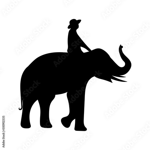 black image baby elephant Asia with Elephant mahout walking  graphics design vector outline Illustration isolated on white background