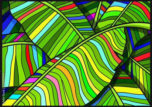 colorful banana leaf pattern and moses stained glass illustration vector Is a mosaic glass that is used to decorate a picture of a window door      