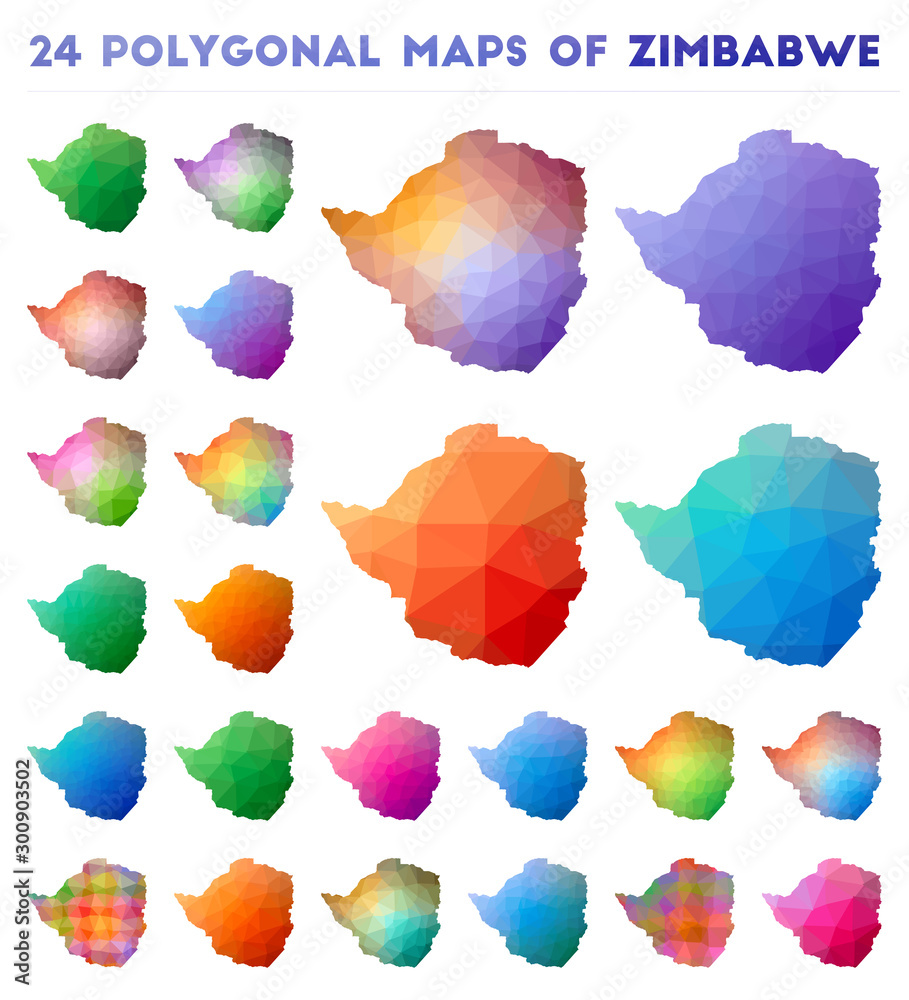 Set of vector polygonal maps of Zimbabwe. Bright gradient map of country in low poly style. Multicolored Zimbabwe map in geometric style for your infographics.