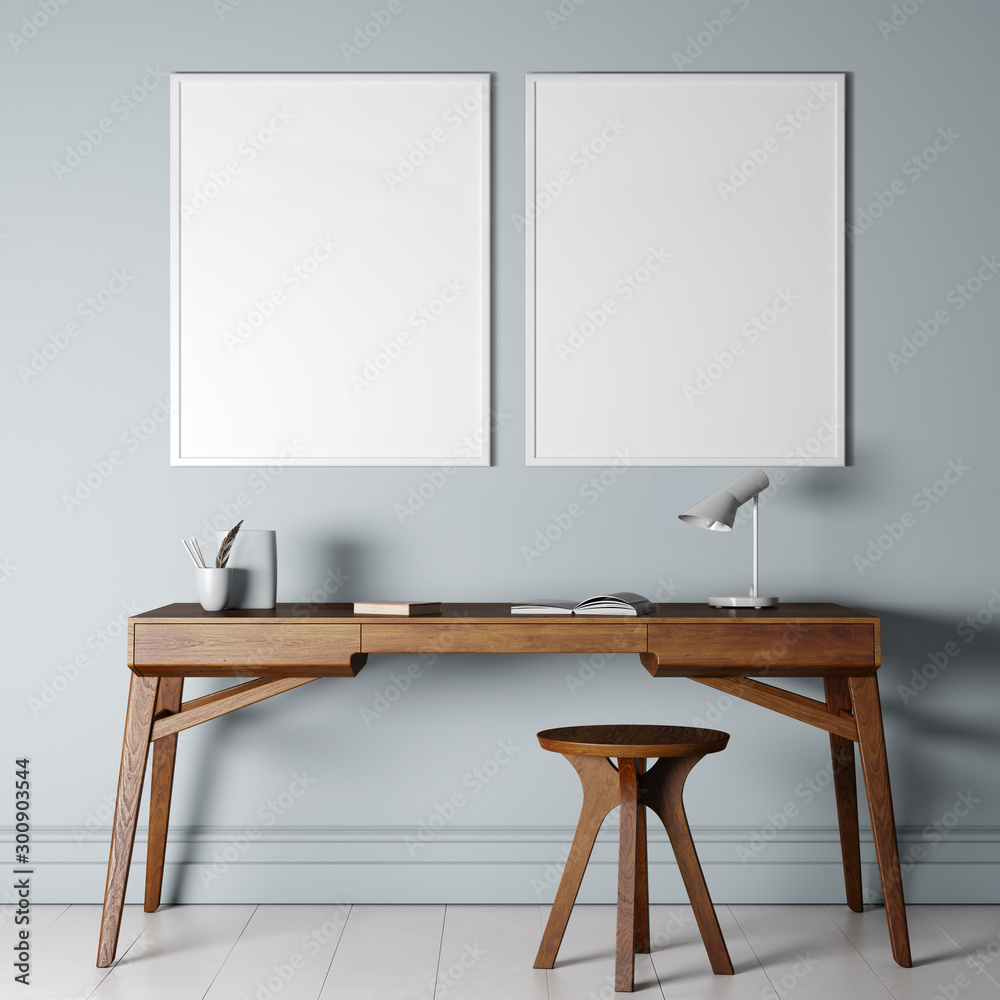 mock up interior, wooden desk with tow empty frame, mock-up mock up interior, wooden desk with tow empty frame, mock-up