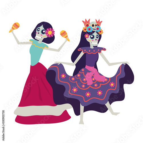 mexican katrinas skulls playing maracas comic characters