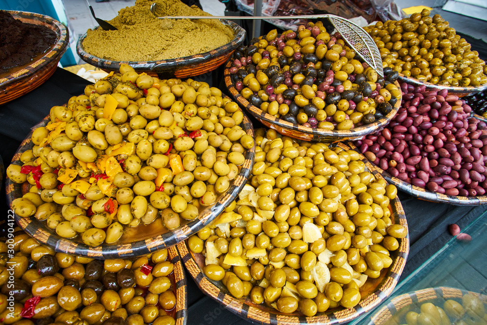 Green and black olives in the oriental market