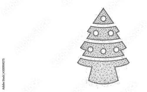 Christmas tree low poly design, spruce with toys abstract geometric art, wireframe mesh polygonal vector illustration made from points and lines on white background