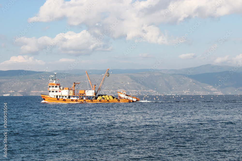 Large orange fishing boat cruising at sea with birds, mountain and clouds at background