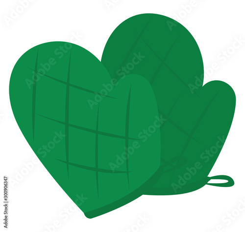 Green kitchen mittens, illustration, vector on white background.