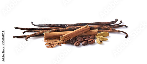 Vanilla, cinnamon, cardamom and coffee beans on white background. Spices isolated.