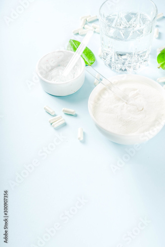 Three types of collagen: pills, gel cosmetics for the face, powder. Healthy lifestyle concept. Copy space